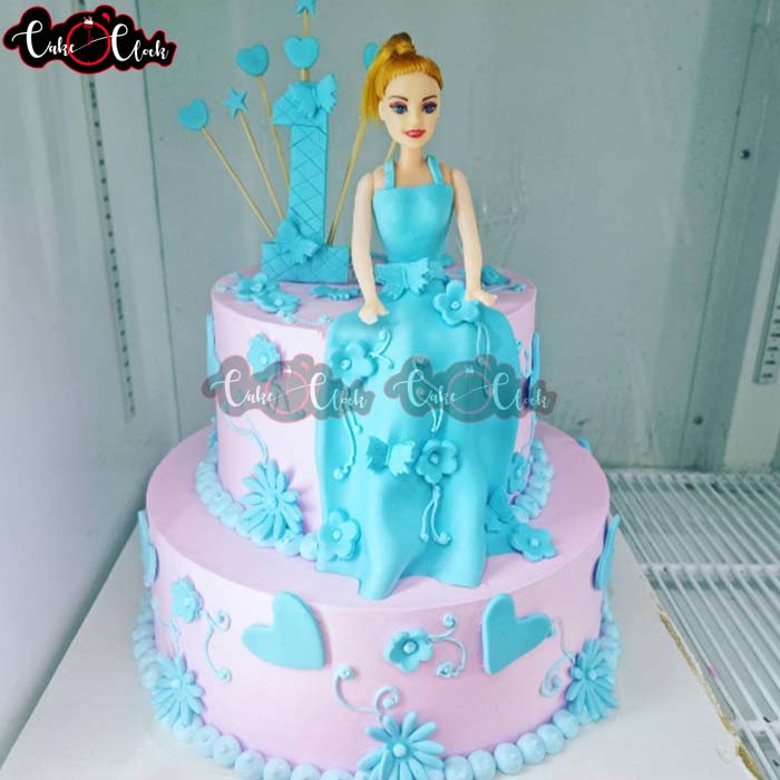Blue And Pink Barbie Cake For First Birthday
