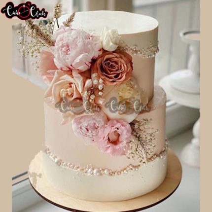 White And Pink Flowers Anniversary Theme Cake