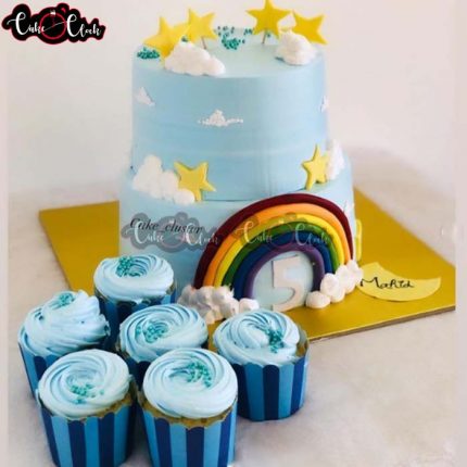 Rainbow Theme Cake With Cupcakes