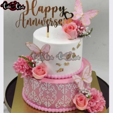 2 Tier Pink And White Butterfly Theme Cake