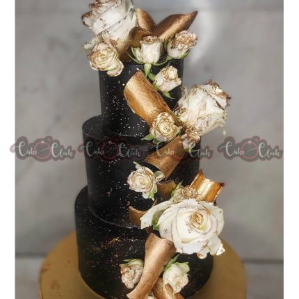 Beautiful Black And Golden Theme Cake With Flowers