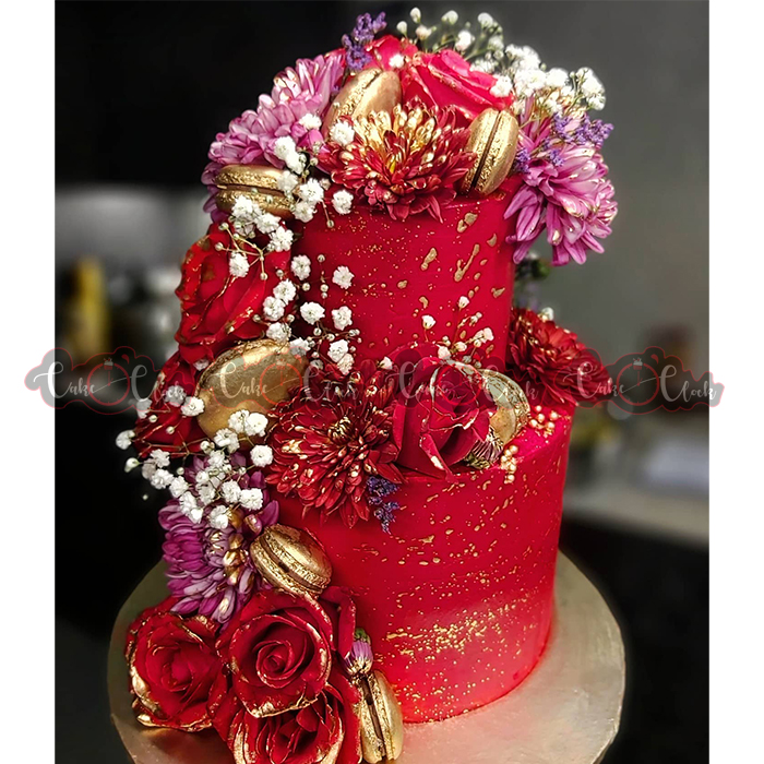 Fancy Red Theme Cake For Engagement