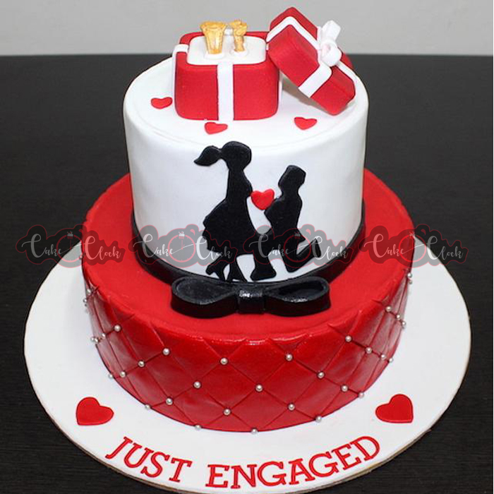 Red And White Just Engaged Cake