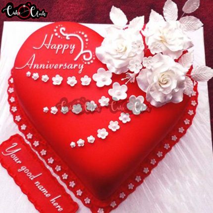 red heart shape happy flowers anniversary cake