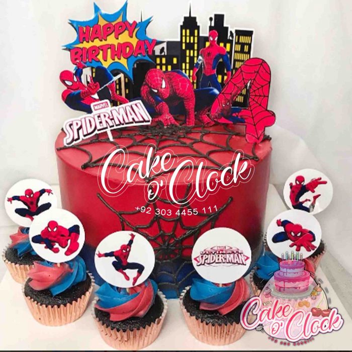 spiderman theme cake with mini cupcakes